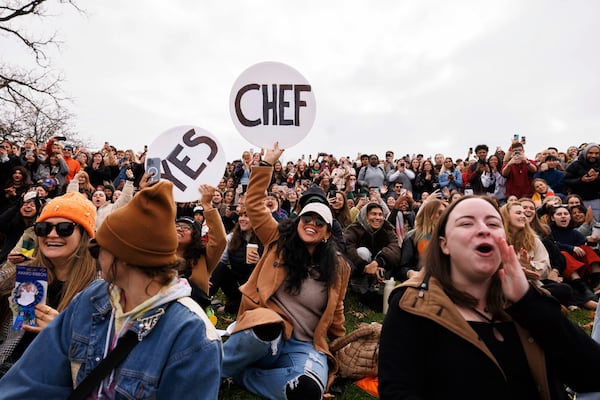 Attendees cheer and take photos during a Jeremy Allen White look a like at contest at Humboldt Park, Saturday, Nov. 16, 2024 in Chicago. (Anthony Vazquez/Chicago Sun-Times via AP)