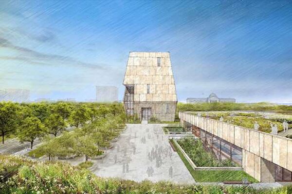 A view of the Obama Presidential Center campus experienced from the South. At the heart of the Center is a public plaza that extends into the landscape. The museum anchors the northern end of the plaza while the roofs of Library and Forum are covered with plantings to create new park land.