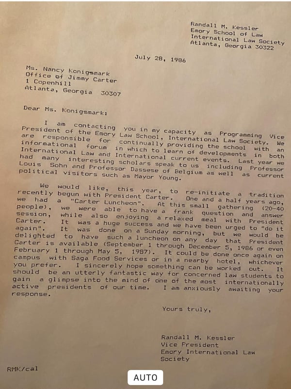 Randall Kessler's initial invitation to Jimmy Carter to join Emory Law students for lunch came in 1986. They finally broke bread in 1988.