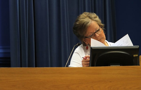 June 12, 2012-Decatur-"The commission is the only authority to prioritize capital projects and spending," said Commissioner Elaine Boyer, who introduced the resolution. The DeKalb County Commission on Tuesday demanded that the county halt all work being done to clear land for a soapbox derby track and ordered the chief executive to prepare a financial report on all money spent so far on the project. VINO WONG / VWONG@AJC.COM Boyer criticized government spending even as she defrauded taxpayers