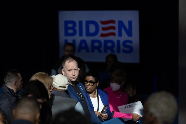  President Joe Biden's supporters get in position before Biden's rally in Atlanta on Saturday, March 9, 2024. (Steve Schaefer/steve.schaefer@ajc.com)