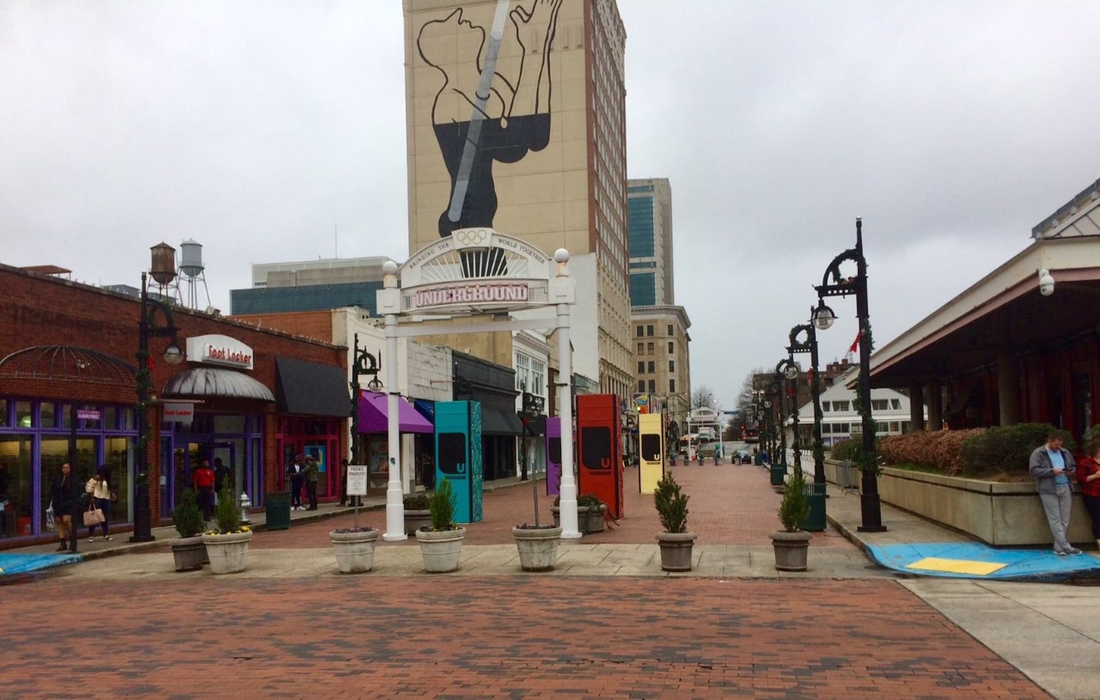 Upper Alabama Street, looking west on a recent Sunday, where there is a semblance of life at Underground Atlanta. (Photo by Bill Torpy)