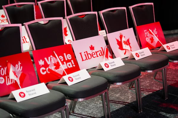 Final preparations are made for the Liberal leadership announcement in Ottawa on Sunday, March 9, 2025. (Sean Kilpatrick/The Canadian Press via AP)