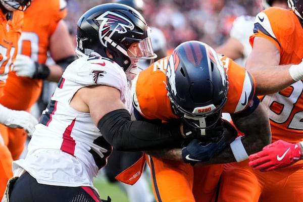 Denver Broncos wide receiver Troy Franklin (16) runs into the end zone for a touchdown against the Atlanta Falcons during the second half of an NFL football game, Sunday, Nov. 17, 2024, in Denver. (AP Photo/Jack Dempsey)