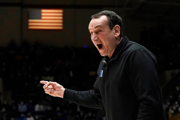 Duke head coach Mike Krzyzewski reacts during the first half of an NCAA college basketball game against Georgia Tech in Durham, N.C., Tuesday, Jan. 4, 2022. (AP Photo/Gerry Broome)