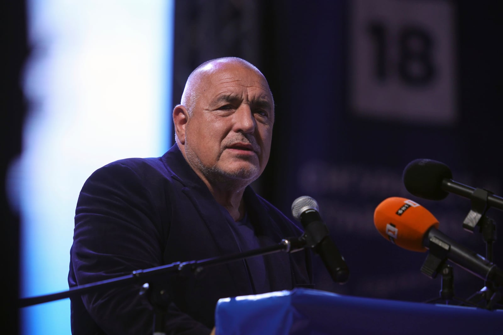 Leader of GERB party, former Prime Minister Boyko Borissov, speaks in front of supporters, Saturday, Oct. 19, 2024, in town of Assenovgrad, as Bulgarians are called to cast ballots on Sunday, in the seventh general elections in just over three years. (AP Photo/Valentina Petrova)