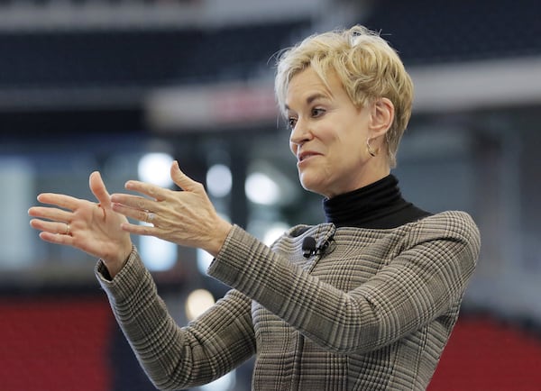 Metro Atlanta Chamber President and CEO Hala Moddelmog addresses the business group’s annual meeting in November 2017. BOB ANDRES /BANDRES@AJC.COM