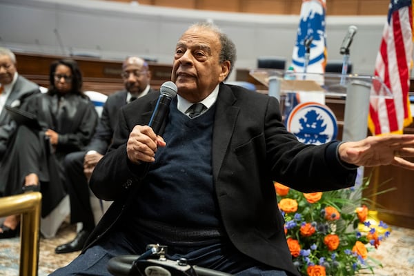 Former Ambassador Andrew Young speaks at Commissioner Moraima Ivory-Martin's swearing in at the Fulton County Government Center Assembly Hall in Atlanta, Georgia on Friday, Jan. 3, 2025. (Olivia Bowdoin for the AJC). 