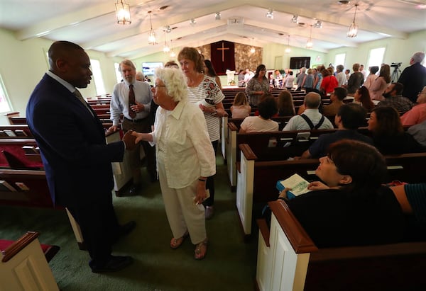 Reverend Tony Lowden greets visitors and members in the sanctuary of Maranatha Baptist Church following the worship service on Sunday, June 9, 2019, in Plains. Curtis Compton/ccompton@ajc.com