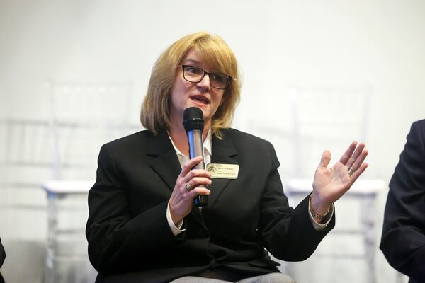 Fulton County Superior Court Rachel Krause speaks during the 2024 Town Hall for North Fulton Democratic and Nonpartisan Candidates at Memories Event Space, Tuesday, April 30, 2024, in Johns Creek, Ga.  (Jason Getz / AJC)
