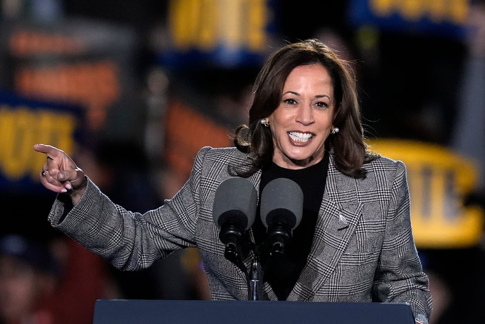 Democratic presidential nominee Vice President Kamala Harris speaks during a campaign rally at Burns Park in Ann Arbor, Mich., Monday, Oct. 28, 2024. (AP Photo/Carlos Osorio)