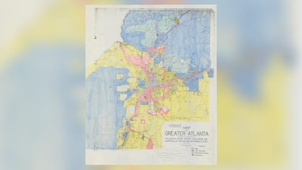 Alec Morgan, a field agent for the mortgagee rehabilitation division of the Home Owners' Loan Corporation, created this map of Atlanta in 1936. Rendered in India ink and watercolor, this early map shows colors that correspond to perceived levels of lending risks in neighborhoods. Source: National Archives via Todd Michney