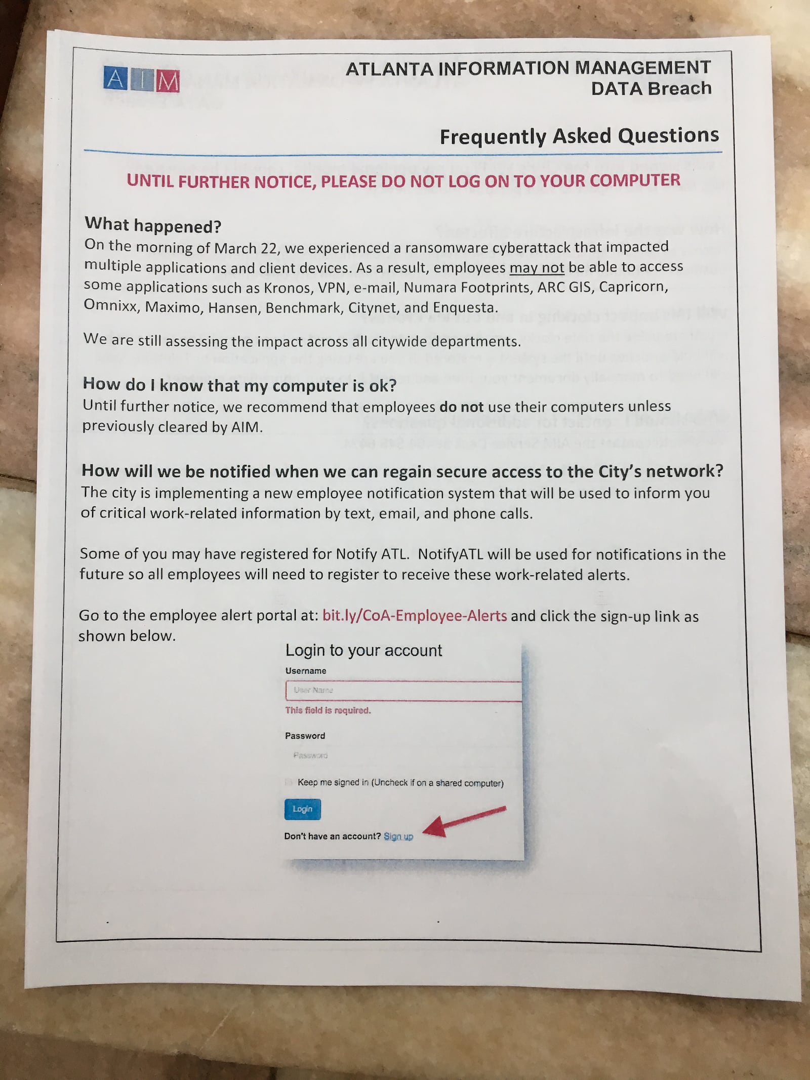 Instructions given to employees at Atlanta City Hall on Friday, March 23, 2018.