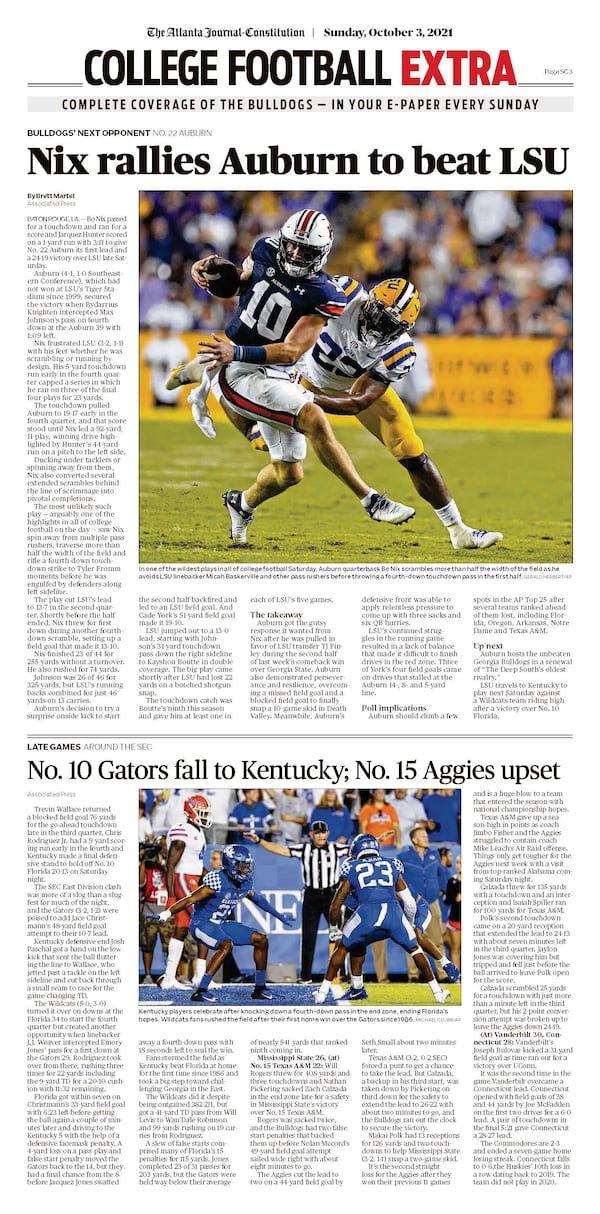 College Football Extra included in Sunday ePaper includes coverage of the Auburn-LSU game on Oct. 2, 2021