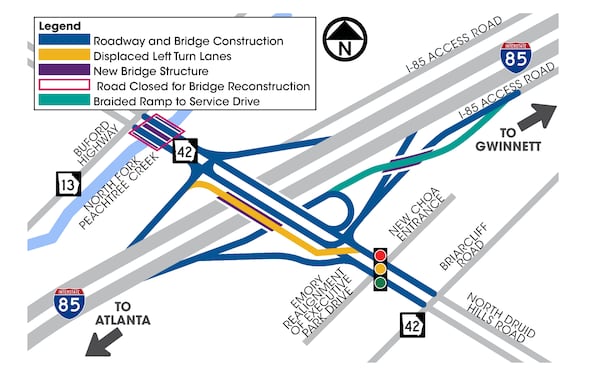 GDOT recently finished work at the intersection of North Druid Hills Road and I-85. The new roadway includes what is known as a displaced left turn lane, which creates a signaled intersection for left-turning drivers that is separate from drivers going straight. This type of intersection is meant to reduce collisions. (Georgia Department of Transportation)