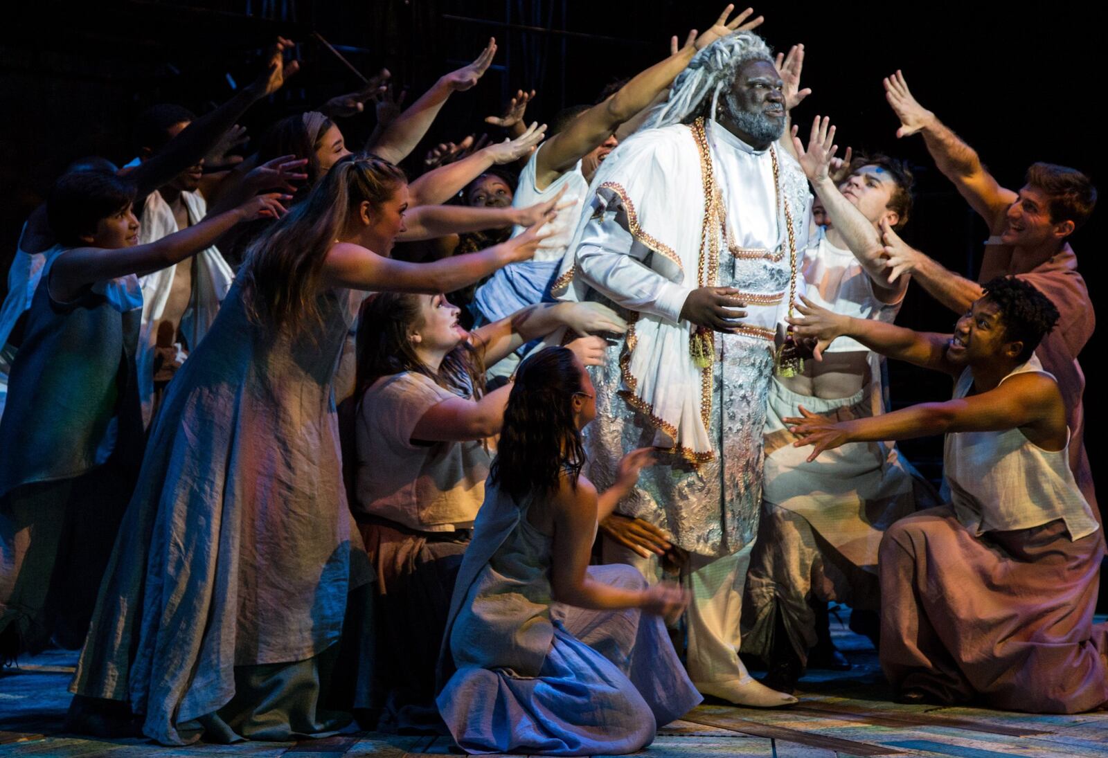 Brad Raymond (center) plays God in the musical “Children of Eden” at Aurora Theatre. CONTRIBUTED BY CASEY GARDNER