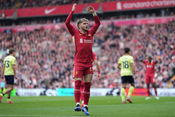 Liverpool's Harvey Elliott reacts during the English Premier League soccer match between Liverpool and Southampton at Anfield in Liverpool, Saturday, March 8, 2025. (AP Photo/Jon Super)