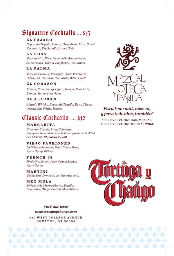 Cocktail menu for Tortuga y Chango