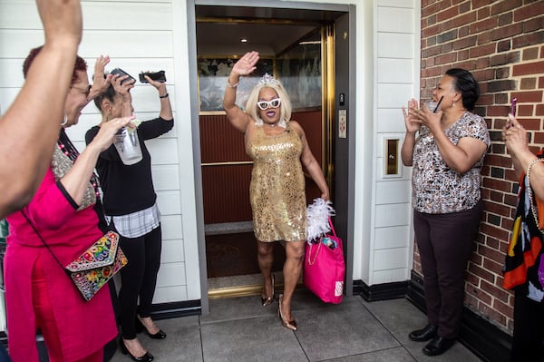 The Atlanta entertainment icon Blondie makes her big entrance as she walks off the elevator for a celebration marking her 40th anniversary at the Clermont Lounge. Sunday, April 28, 2019. (Photo: STEVE SCHAEFER / SPECIAL TO THE AJC)