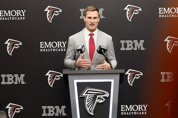 Atlanta Falcons quarterback Kirk Cousins speaks during his introductory press conference at the Falcons practice facility in Flowery Branch on Wednesday, March 13, 2024.
Miguel Martinez/miguel.martinezjimenez@ajc.com