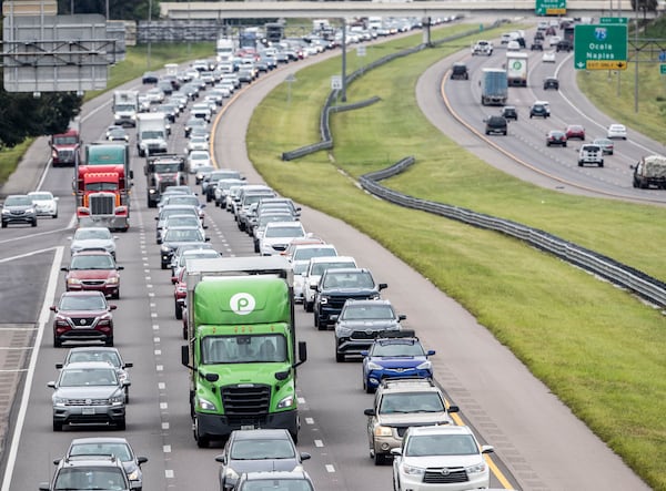 Tampa Bay area residents and drivers fill the lanes on I-4 as they escape the high winds and flood waters of Hurricane Ian with just a day left before the storm lands in Tampa, Florida, Tuesday, Sept. 27, 2022. (Willie J. Allen Jr./Orlando Sentinel/TNS)