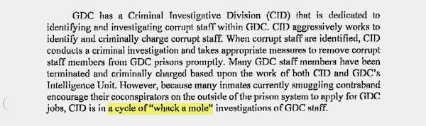 A murder indictment describes widespread problems with Georgia Department of Corrections employees smuggling in contraband. The indictment called efforts to stop the corruption "a cycle of 'whack a mole' investigations." The murder case stemmed from a contraband enterprise at Smith State Prison.