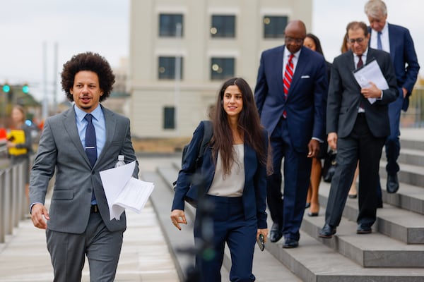 Actor and comedian Eric André arrives in front of the Richard B. Russell federal courthouse in Atlanta on Tuesday, October 11, 2022. André and actor and comedian Clayton English filed a lawsuit alleging they were racially profiled during a 2021 search at Hartsfield-Jackson airport. (Arvin Temkar / arvin.temkar@ajc.com)