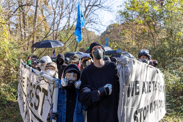 Protestors demonstrating against Atlanta’s public training safety center march from Gresham Park in Atlanta on Monday, November 13, 2023. (Arvin Temkar / arvin.temkar@ajc.com)