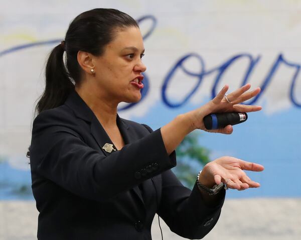 APS Superintendent Meria Carstarphen speaks to parents last month in Atlanta. Curtis Compton/ccompton@ajc.com