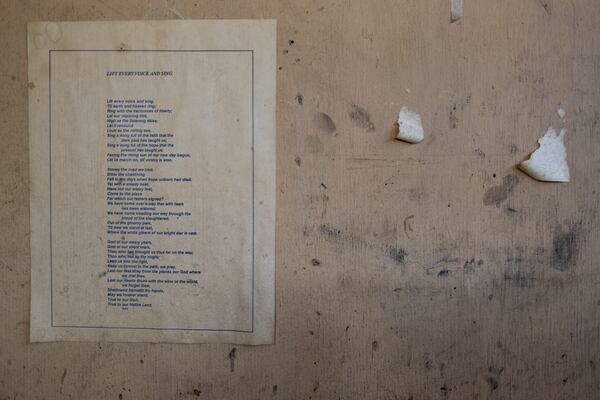 The words to “Lift Every Voice and Sing” hang on a wall in the basement of the Prince Hall Masonic Lodge on Auburn Avenue. The lodge, built in 1940 and the first home to the Southern Christian Leadership Conference and the first Black-owned radio station, is set to be renovated with parts of it being used for the National Park Service King Memorial Site. Ben Gray for the Atlanta Journal-Constitution