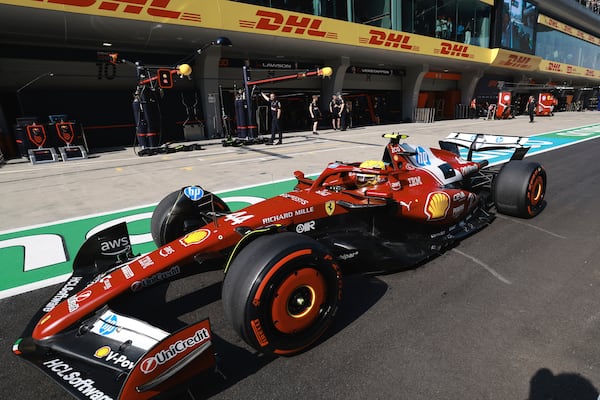 Ferrari driver Lewis Hamilton of Britain steers his car during qualifying session for the Chinese Formula One Grand Prix at the Shanghai International Circuit, Shanghai, Saturday, March 22, 2025. (Wo Hao/Pool Photo via AP)