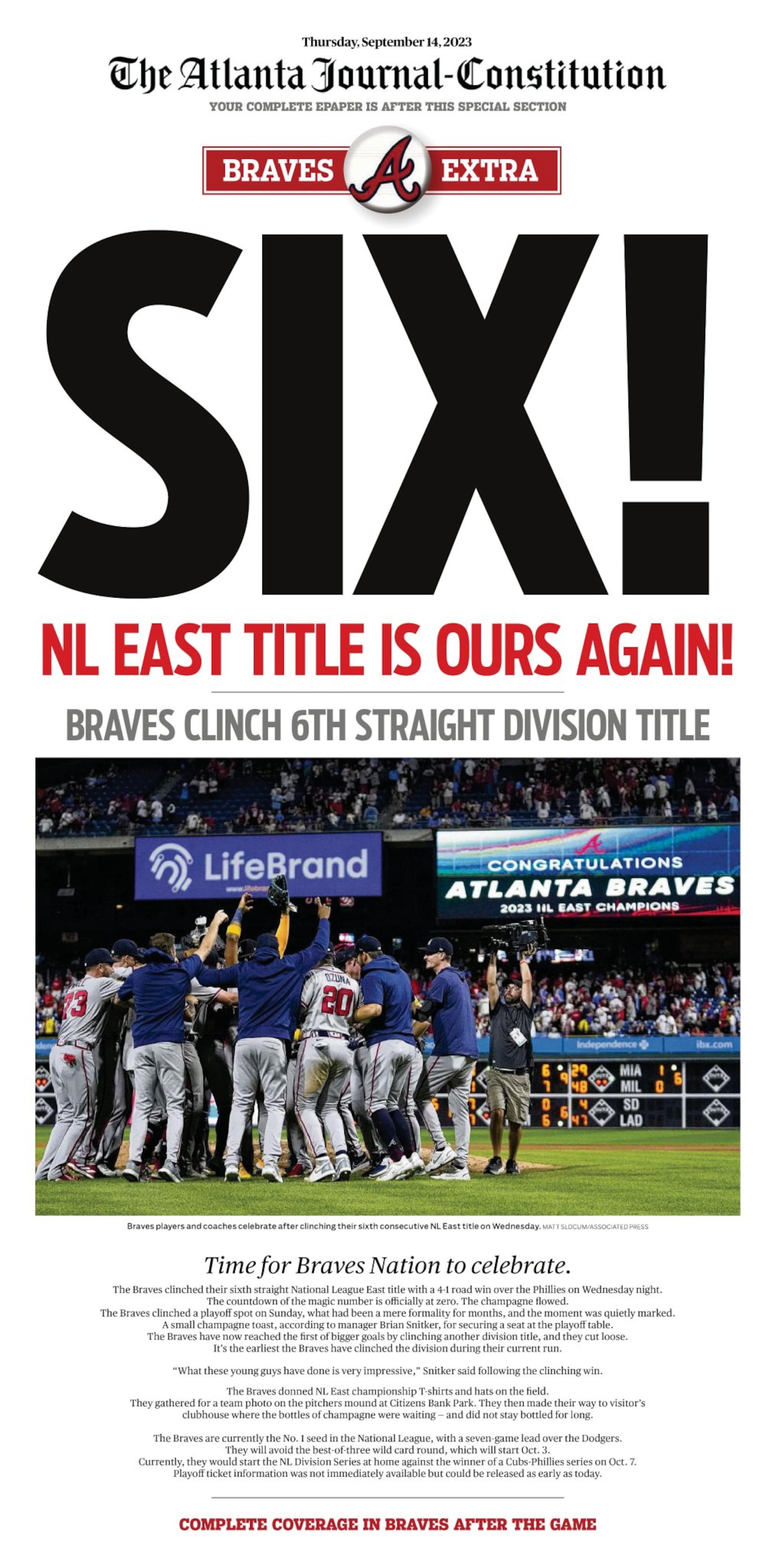 Braves Extra: Front page of the Thursday edition of The Atlanta Journal-Constitution