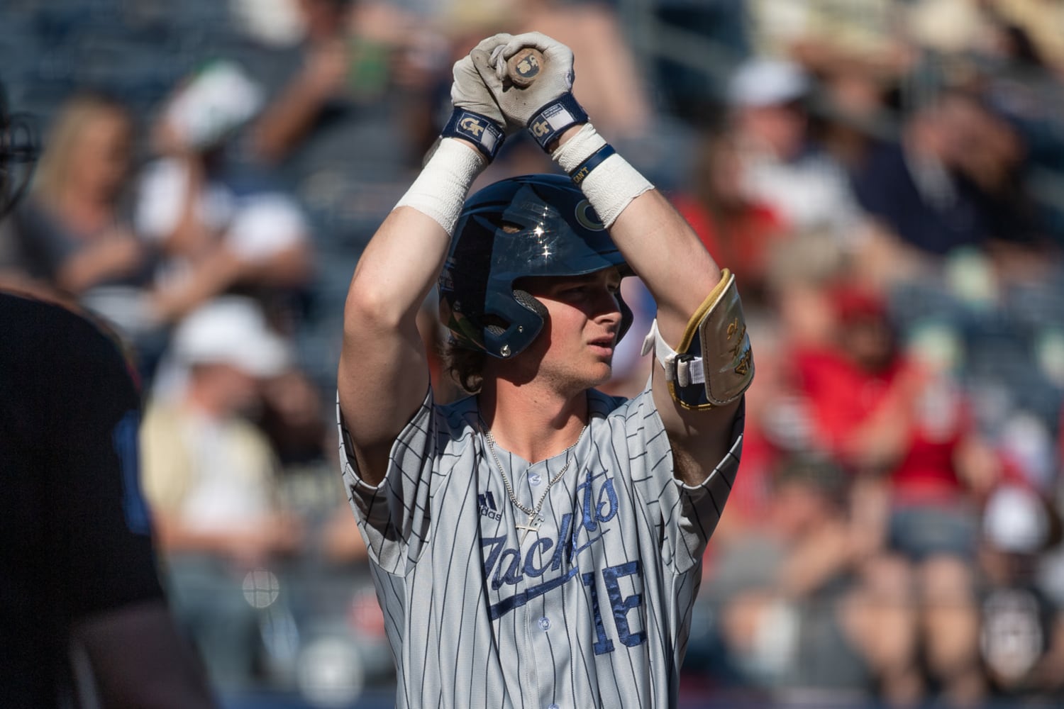 Georgia Tech shortstop Nico Senese awaits a pitch during the 20th Spring Classic game against Georgia on Sunday at Coolray Field in Lawrenceville. (Jamie Spaar / for The Atlanta Journal-Constitution)