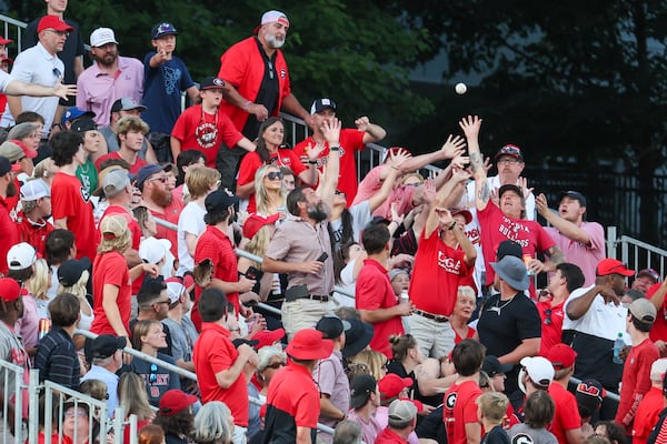 Georgia fans in the left field bleachers try to catch a foul ball hit by a N.C. State batter during the second inning in Game 3 of the NCAA Super Regional at Foley Field, Monday, June 10, 2024, in Athens, Ga. (Jason Getz / AJC)
