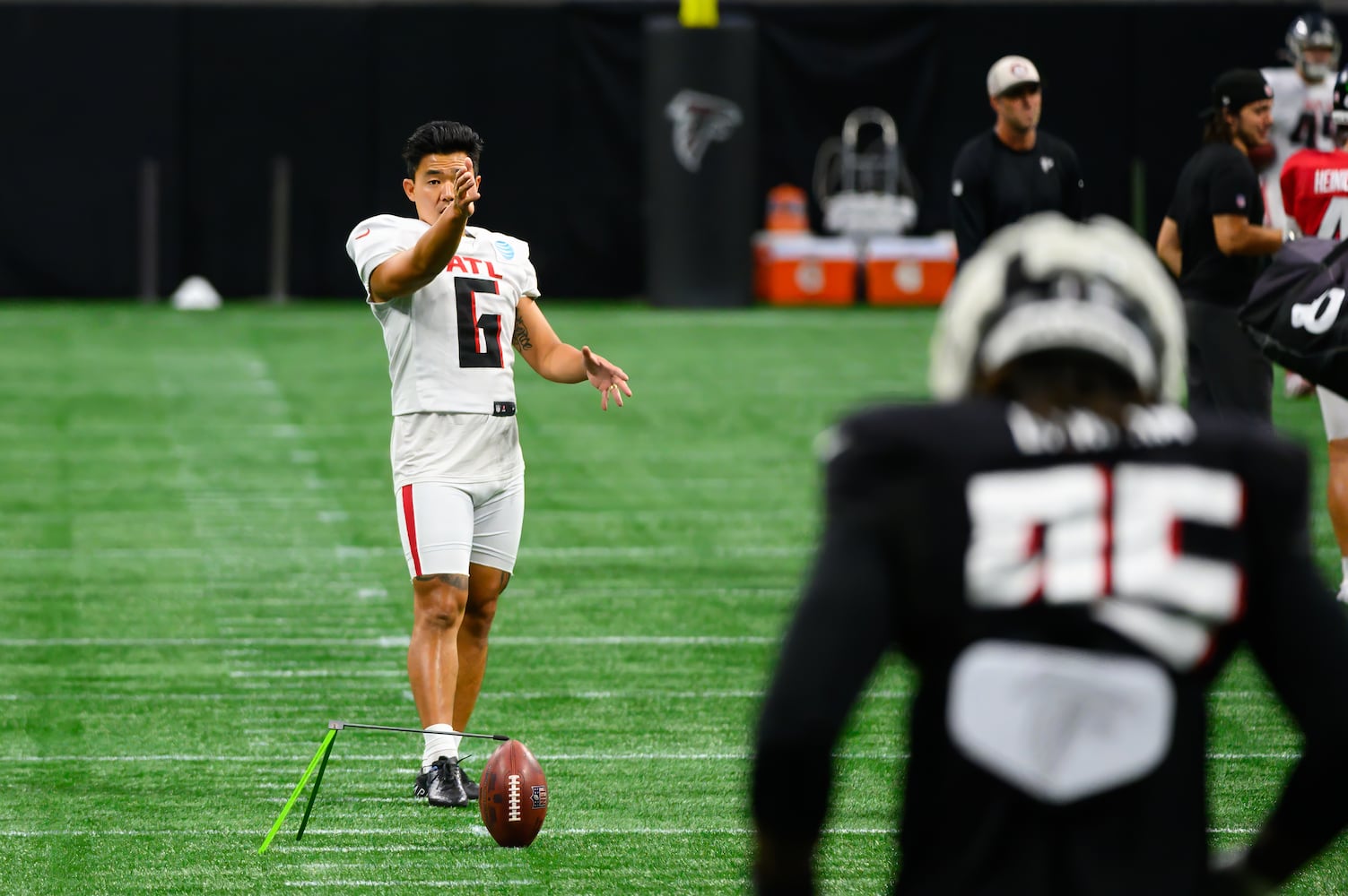 Younghoe Koo of the Falcons lines up a kick. (Jamie Spaar for the Atlanta Journal Constitution)