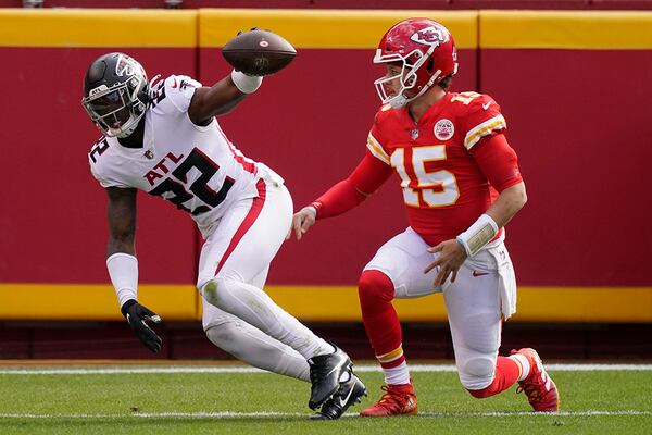 Atlanta Falcons safety Keanu Neal reacts after intercepting a pass intended for Kansas City Chiefs quarterback Patrick Mahomes during the first half Sunday, Dec. 27, 2020, in Kansas City, Mo. (Charlie Riedel/AP)