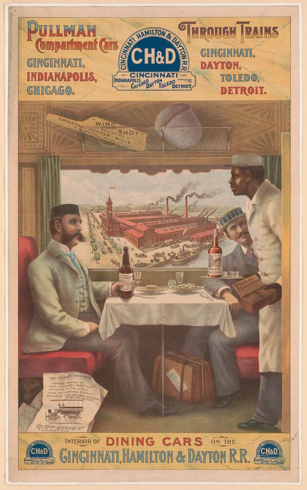 Pullman dining car, 1894: Color lithograph advertisement showing the interior of a Pullman dining-car belonging to the Cincinnati, Hamilton and Dayton Railway, 1894, with two men seated at a table being served by an African American porter. Mosler Safe Works, Hamilton, Ohio, is busy preparing safes for delivery at the background. Exhibited at "American Treasures of the Library of Congress", 2005. (Library of Congress)