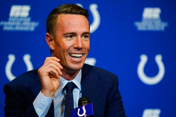 Indianapolis Colts quarterback Matt Ryan speaks during a news conference at the NFL team's practice facility in Indianapolis, Tuesday, March 22, 2022. After 14 seasons in Atlanta, Ryan joined his new team Tuesday, March 22, 2022. In his first public comments, he thanked the Falcons for the success and memories he built during his tenure as the best starting quarterback in franchise history. But the soon-to-be 37-year-old Ryan also embraces his role with Indy. The Colts believe Ryan can make them a Super Bowl contender by stabilizing a position that has had six different opening day starters over the past six seasons. (AP Photo/Michael Conroy)