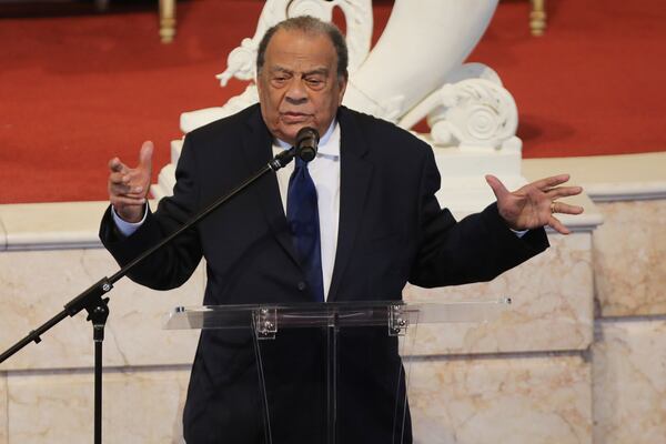 Ambassador Andrew Young, delivering a eulogy of the late and former Atlanta Mayor Sam Massell on Wednesday, March 16, 2022. He started his speech by saying, "I owe my beautiful life in Atlanta to Sam Massell. Miguel Martinez for The Atlanta Journal-Constitution 