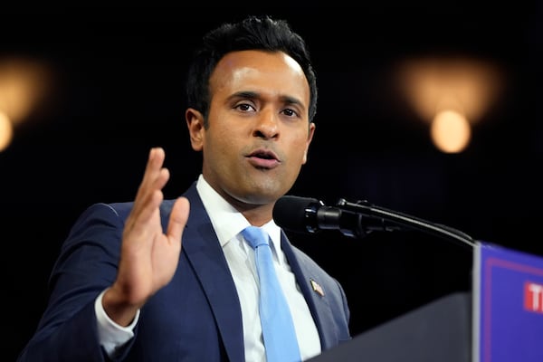 FILE - Vivek Ramaswamy speaks before Republican presidential nominee former President Donald Trump at a campaign rally at the Santander Arena, Oct. 9, 2024, in Reading, Pa. (AP Photo/Alex Brandon, File)