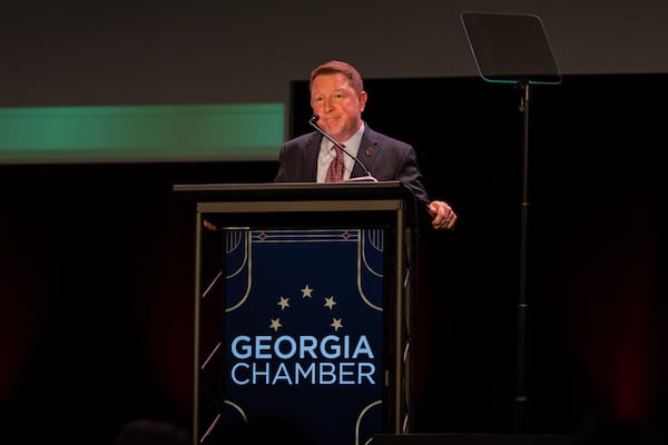 Fox Theatre President & CEO Allan Vella speaks at the Georgia Chamber’s “Eggs & Issues” breakfast at the Fox Theatre in downtown Atlanta, Georgia on January 12th, 2022. (Nathan Posner for The Atlanta Journal-Constitution)
