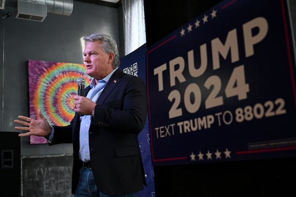 U.S. Rep. Mike Collins speaks in front of supporters of Former President Donald Trump during Team Trump Iowa Campaign event ahead of Iowa Caucus at ShinyTop Brewery, Monday, January 15, 2024, in Fort Dodge, Iowa. (Hyosub Shin/hyosub.shin@ajc.com)