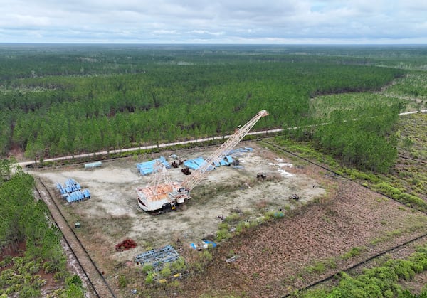 A drone photograph shows equipment stationed on the Twin Pines mine site on Monday, Mar. 18, 2024, in Charlton County. (Hyosub Shin/AJC 2024)