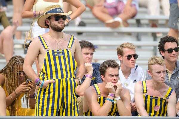 Yellow Jacket fans watch late in the second half of play during a NCAA college football game Saturday, Oct. 2, 2021 at Bobby Dodd Stadium in Atlanta. Pittsburgh beat Georgia Tech 52-21. (Daniel Varnado/For the AJC)