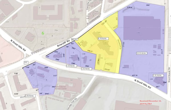 The area shown in purple and yellow is what property owners hope to annex into the city of Brookhaven. The area in yellow is proposed for a redevelopment.