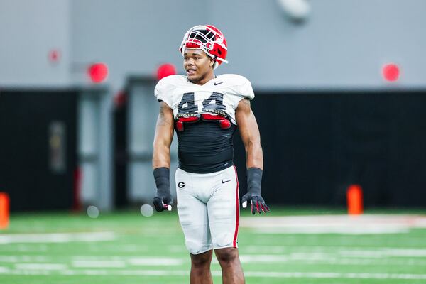 Georgia defensive lineman Travon Walker (44) during the Bulldogs’ practice session Tuesday, March 30, 2021, in Athens. (Tony Walsh/UGA)