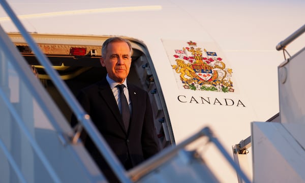 Canada's Prime Minister Mark Carney arrives in Paris, Monday, March 17, 2025. (Sean Kilpatrick/The Canadian Press via AP)