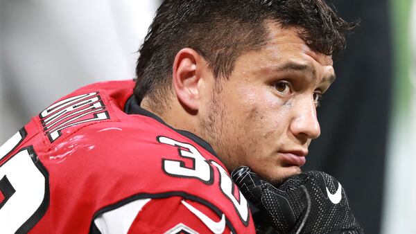 Falcons fullback Ricky Ortiz watches the final minutes from the sidelines against the Kansas City Chiefs Friday, Aug. 17, 2018, at Mercedes-Benz Stadium in Atlanta.