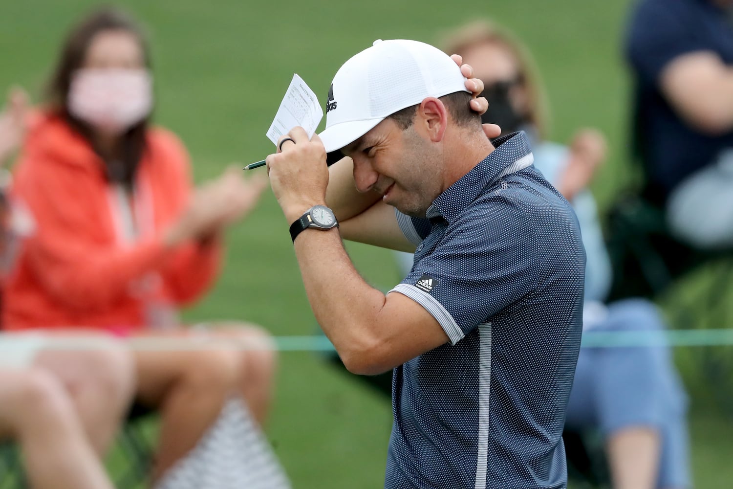 April 9, 2021, Augusta: Sergio Garcia reacts as he walks off of the eighteenth green finishing his second round during the Masters at Augusta National Golf Club on Friday, April 9, 2021, in Augusta. Curtis Compton/ccompton@ajc.com