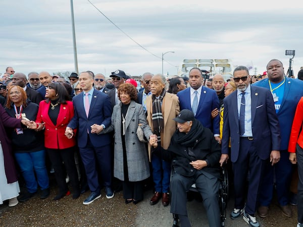 Rev. Jessie Jackson, Rev. Al Sharpton, U.S. Rep Maxim Waters (D-California), House Minority Leader Hakeem Jeffries, and NAACP President Derick Johnson cross the Edmund Pettus Bridge during a commemoration of the 60th anniversary of Bloody Sunday, on Sunday, March 9, 2025, in Selma, Alabama. (Miguel Martinez/ AJC)
(Miguel Martinez/ AJC)